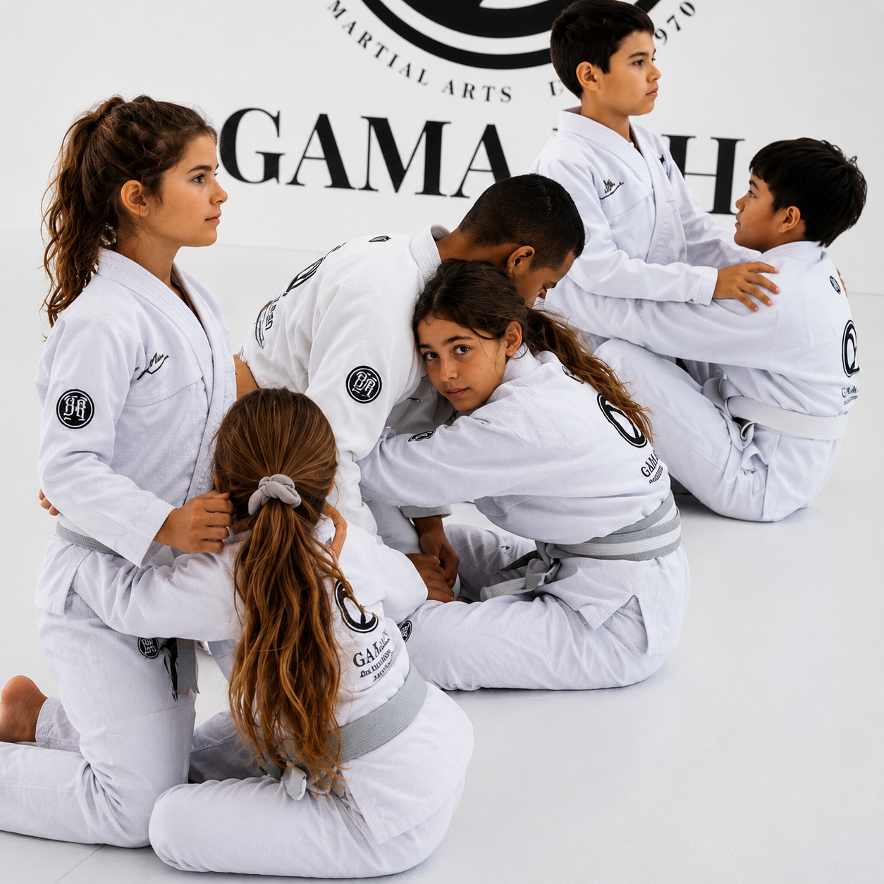 Junior Champions students gathered together during a Brazilian Jiu-Jitsu class